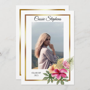 Tropical 4 Photo Collage Gold Frame Graduation Announcement