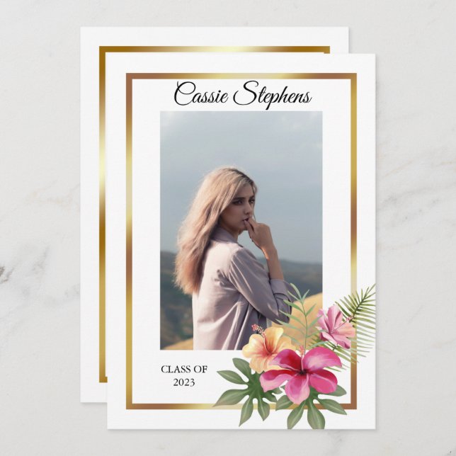 Tropical 4 Photo Collage Gold Frame Graduation  Announcement (Front/Back)