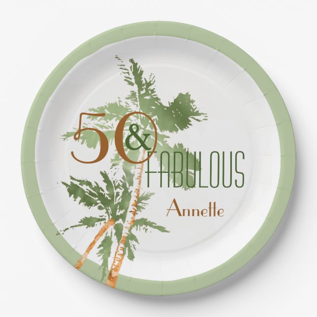 Tropical 50 & Fabulous Palm Trees 50th Birthday Paper Plate (Front)