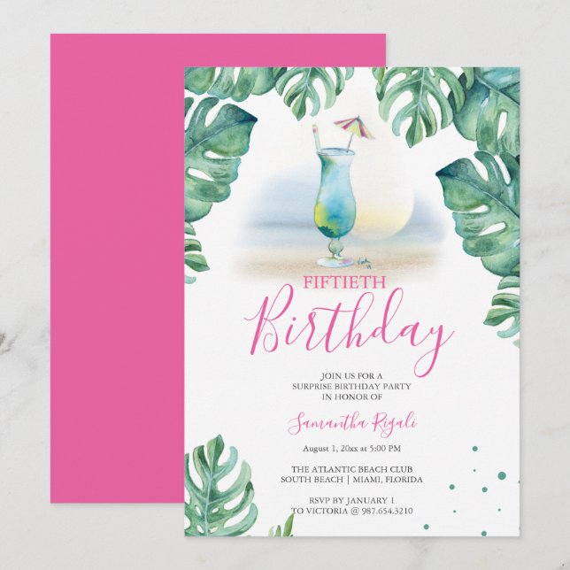 Tropical 50th Birthday Party Invitations (Front/Back)