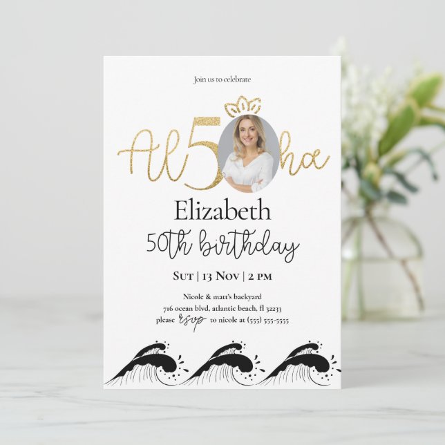Tropical 50th Gold Birthday Invitation With Photo (Standing Front)