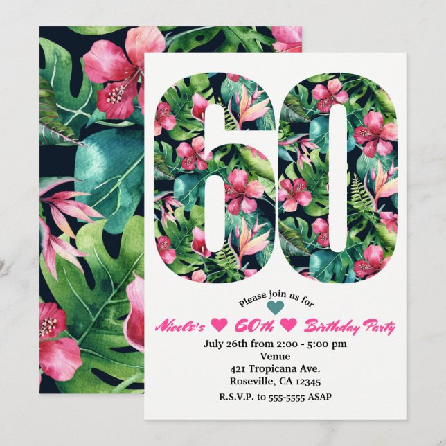 Tropical 60 60th Sixty Birthday Party Invitation (Front/Back)