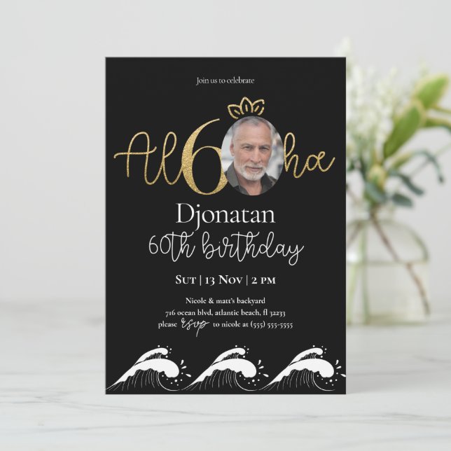 Tropical 60th Black Gold Birthday Invitation Photo (Standing Front)