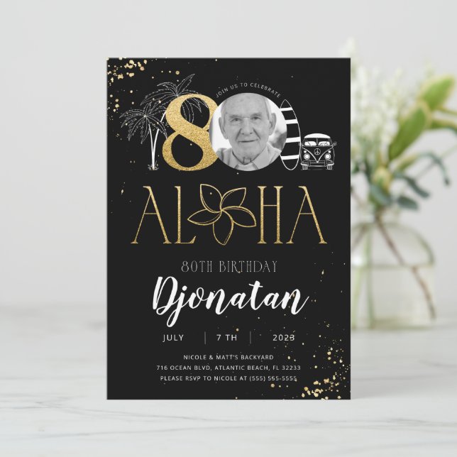 Tropical 80th Birthday Gold Invitation with Photo (Standing Front)