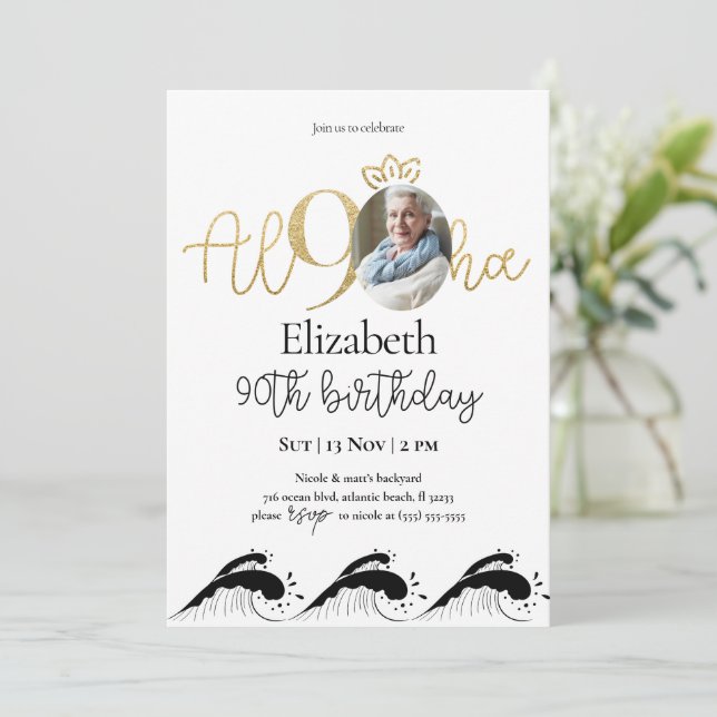 Tropical 90th Gold Birthday Invitation With Photo (Standing Front)