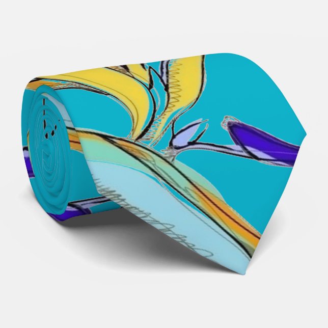 Tropical Accent Floral Bird-of-Paradise (Aqua) Tie (Rolled)