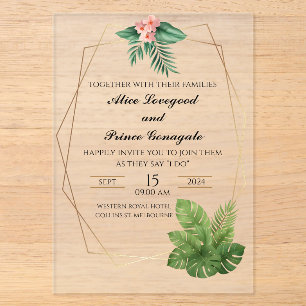 Tropical Acrylic Wedding Invitation Gold Frame