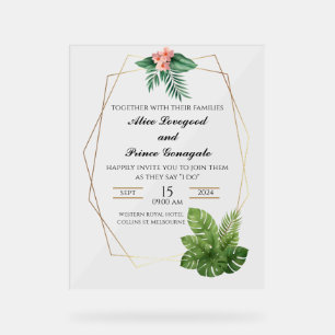 Tropical Acrylic Wedding Invitation Gold Frame Sign