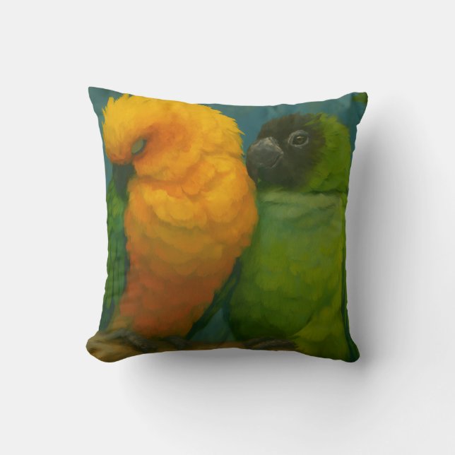 Tropical Affection – Parrots in Forest Light Cushion (Front)