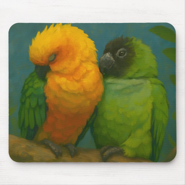 Tropical Affection – Parrots in Forest Light Mouse Mat (Front)
