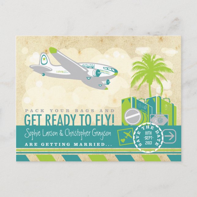 Tropical Airline Travel Save the Date Postcard (Front)