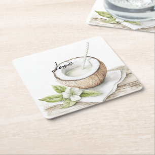 Tropical Aloha Beach Coconut Floral Wedding Square Paper Coaster