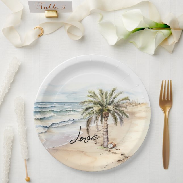 Tropical Aloha Beach Coconuts Palm Tree Paper Plate (Wedding)