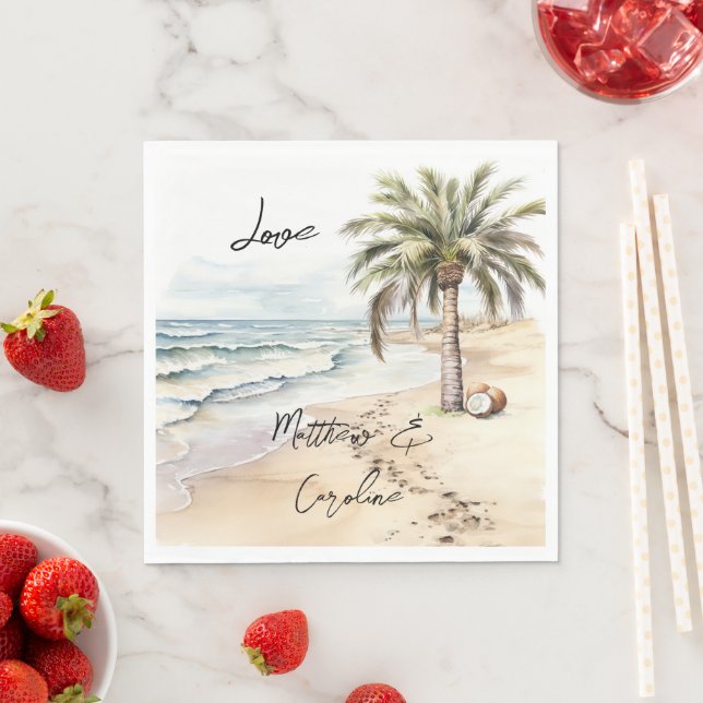 Tropical Aloha Beach Coconuts Palm Tree Wedding Napkin (Insitu)