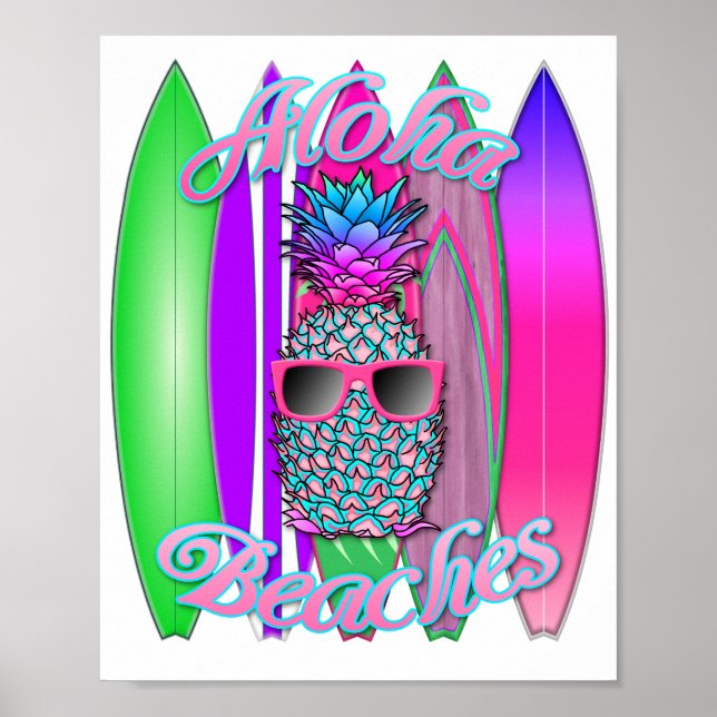 Tropical Aloha Beaches Fun Surfing Pineapple Poster (Front)