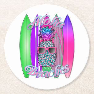 Tropical Aloha Beaches Fun Surfing Pineapple Round Paper Coaster