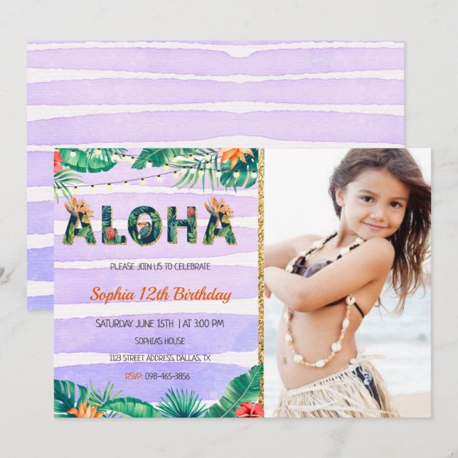 Tropical Aloha Birthday Invitation With Photo (Front/Back)