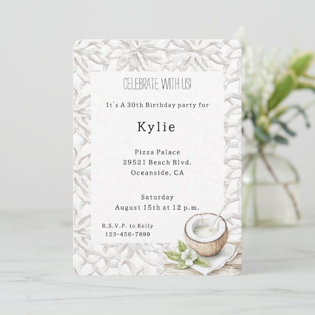 Tropical Aloha Coconut Flower Birthday   Invitation (Standing Front)