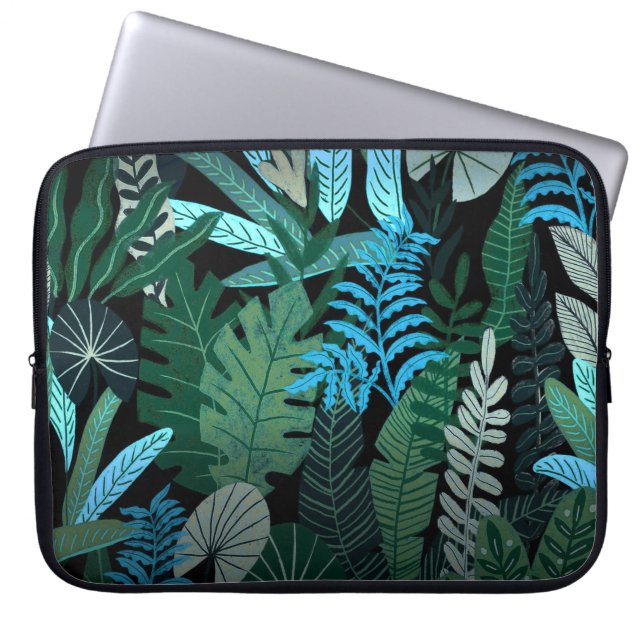 Tropical Aloha Exotic Blue Jungle Pattern at Night Laptop Sleeve (Front)