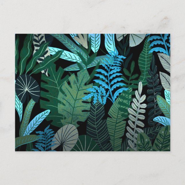 Tropical Aloha Exotic Blue Jungle Pattern at Night Postcard (Front)