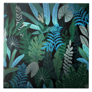 Tropical Aloha Exotic Blue Jungle Pattern at Night Tile