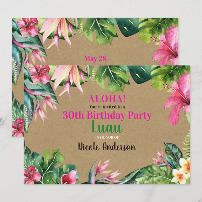 Tropical Aloha Floral Luau Kraft Birthday Party Invitation (Front/Back)