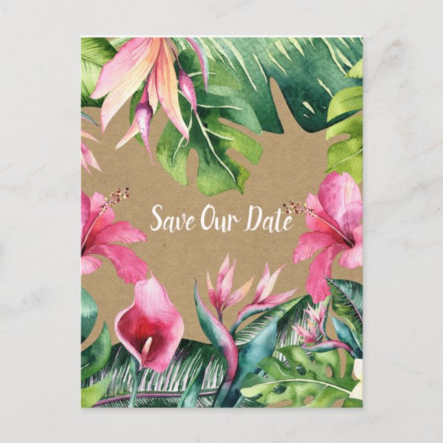 Tropical Aloha Floral Luau Kraft Save the Date Postcard (Front)