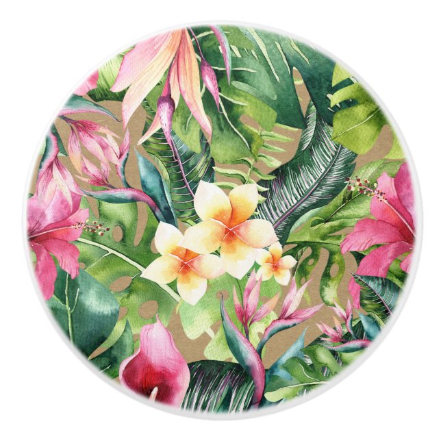 Tropical Aloha Floral Luau Summer Leaves Kraft Ceramic Knob (Front)