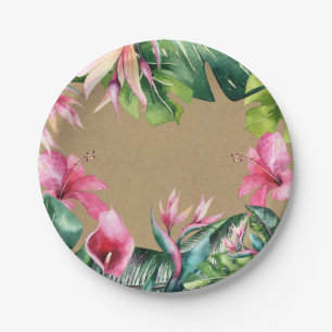 Tropical Aloha Floral Luau Summer Leaves Kraft Paper Plate