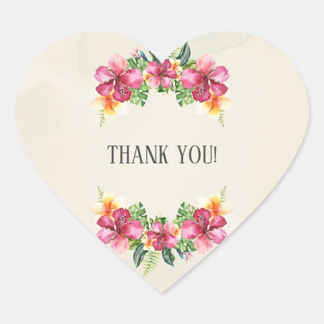 Tropical Aloha Flowers Floral Botanical Wedding Heart Sticker (Front)