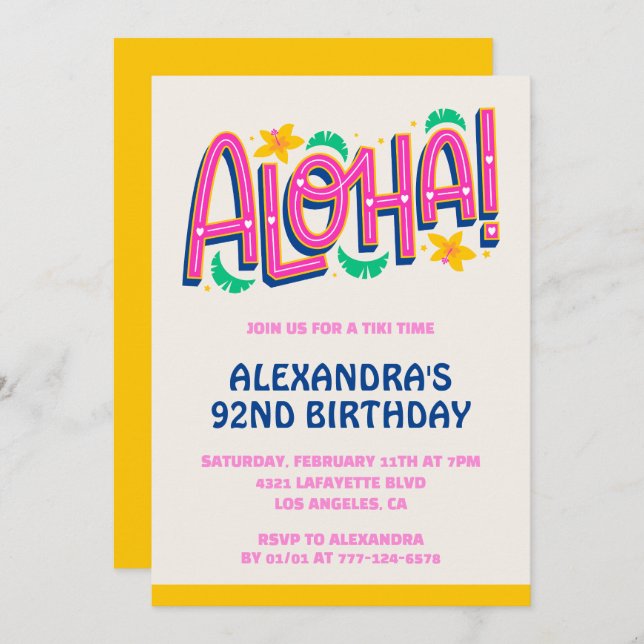 Tropical Aloha Hawaii 92nd birthday invitations  (Front/Back)