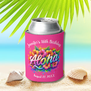Tropical Aloha Hawaiian Birthday Luau Pink Can Cooler