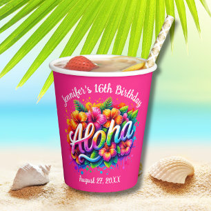 Tropical Aloha Hawaiian Birthday Luau Pink Paper Cups