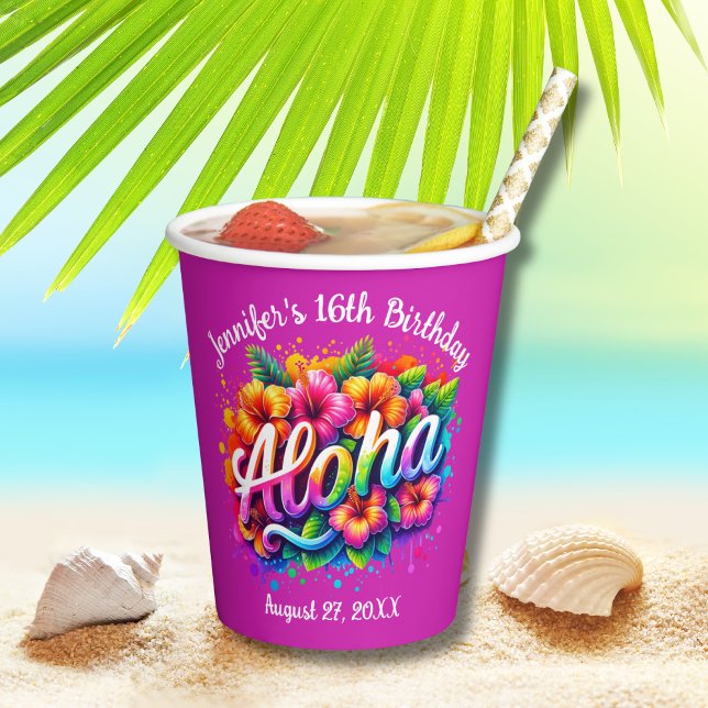 Tropical Aloha Hawaiian Birthday Luau Purple Paper Cups (Creator Uploaded)