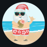 Tropical Aloha Hawaiian Santa Beach Classic Round Sticker<br><div class="desc">Christmas holiday stickers (or envelope seals) feature a cute Santa on a tropical beach wearing red and white Hawaiian print shorts with a hibiscus pattern,  sipping from a pineapple and flashing the Aloha sign. Original artwork KL Stock</div>