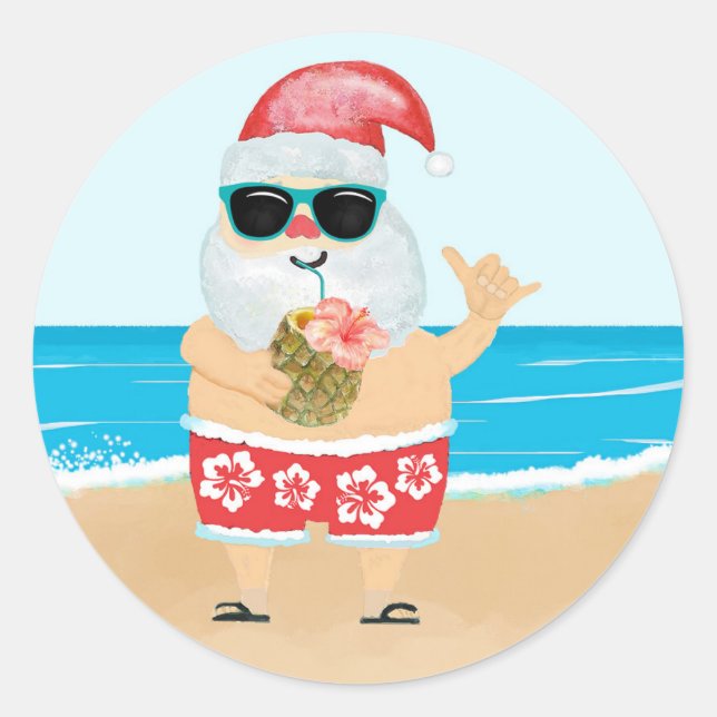 Tropical Aloha Hawaiian Santa Beach Classic Round Sticker (Front)