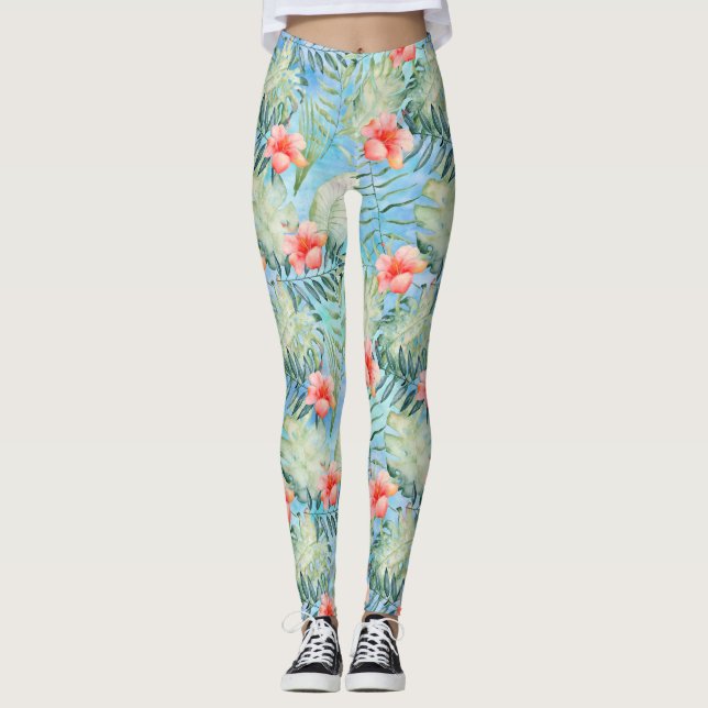 Tropical Aloha Hibiscus Floral Leggings (Front)