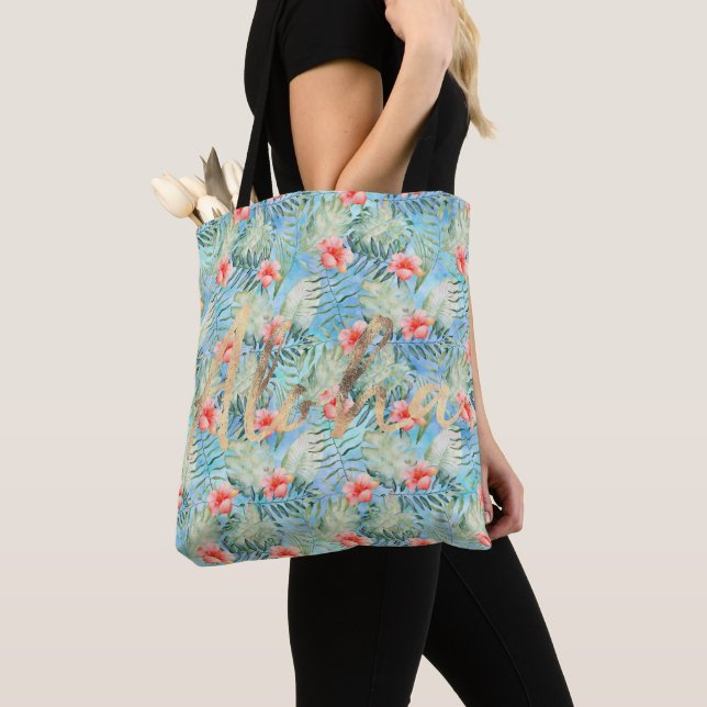 Tropical Aloha Hibiscus Floral Tote Bag (Close Up)