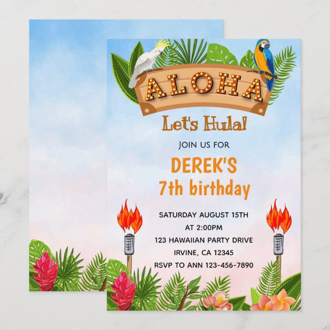 Tropical Aloha Parrots Birthday Invitation (Front/Back)