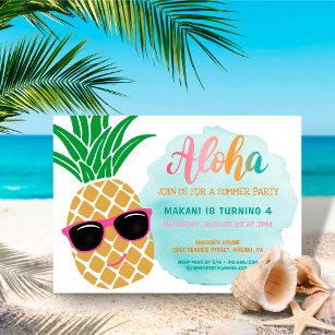 Tropical Aloha Pineapple Watercolor Birthday Invitation