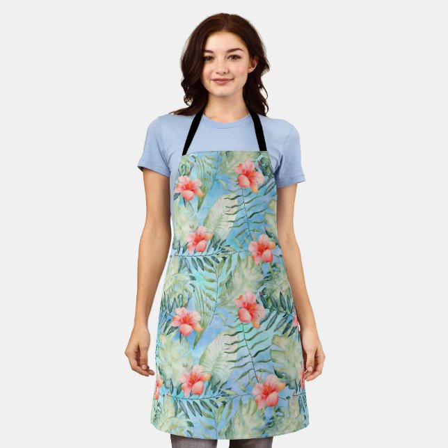 Tropical Aloha Pink Hibiscus Flowers Apron (Worn)