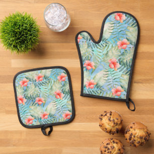 Tropical Aloha Pink Hibiscus Flowers Oven Mitt & Pot Holder Set