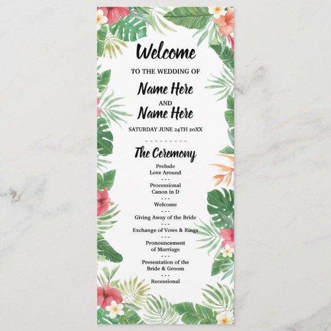 Tropical Aloha Wedding Program Flowers Palms Programme (Front)