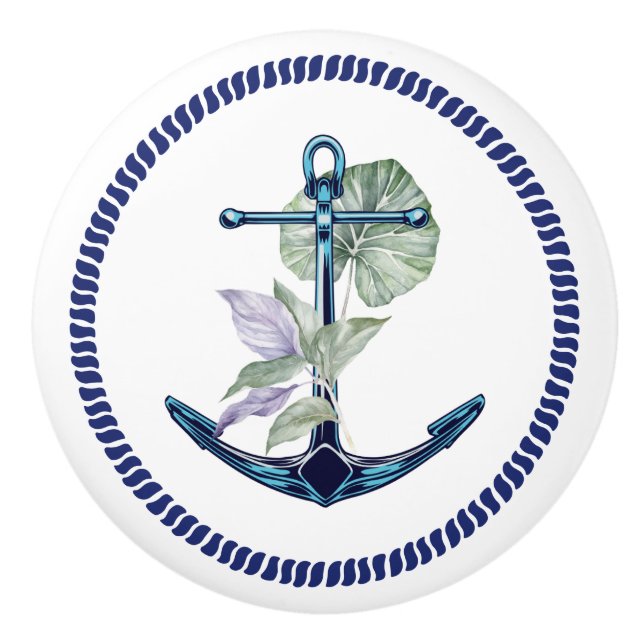 Tropical Anchor with Plants and Flowers Ceramic Knob (Front)