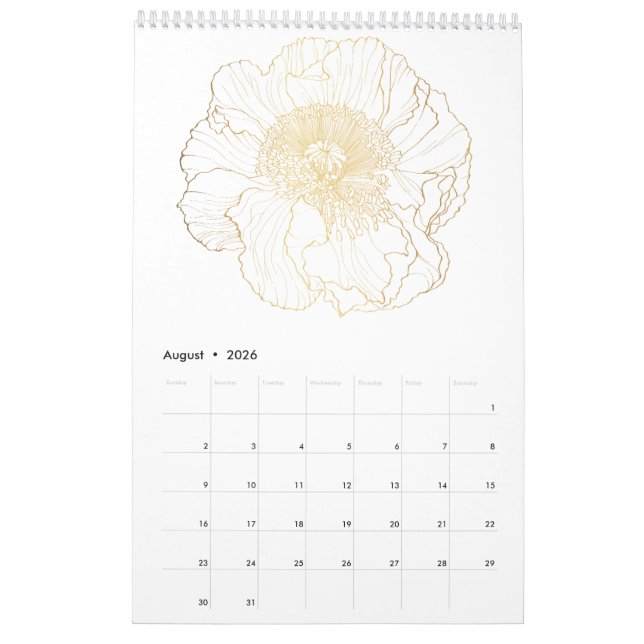 Tropical and garden floral golden line flowers. calendar (Aug 2026)