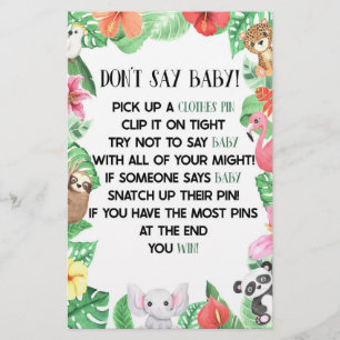 Tropical Animal Don't Say Baby Shower Game Stationery
