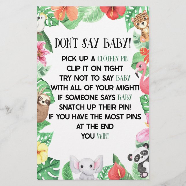 Tropical Animal Don't Say Baby Shower Game Stationery (Front)