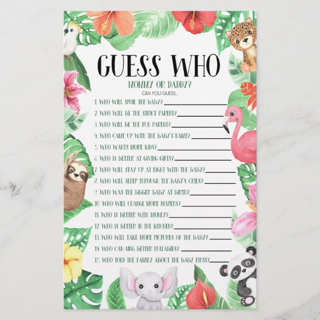 Tropical Animal Guess Who! Baby Shower Game Stationery (Front)