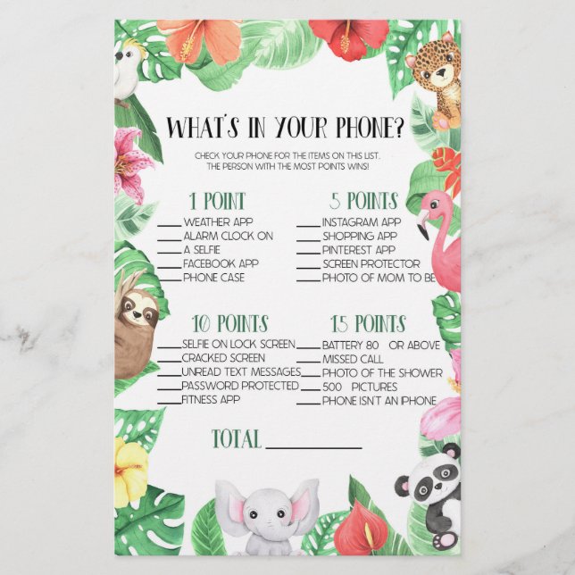 Tropical Animal In Your Phone Baby Shower Game Stationery (Front)