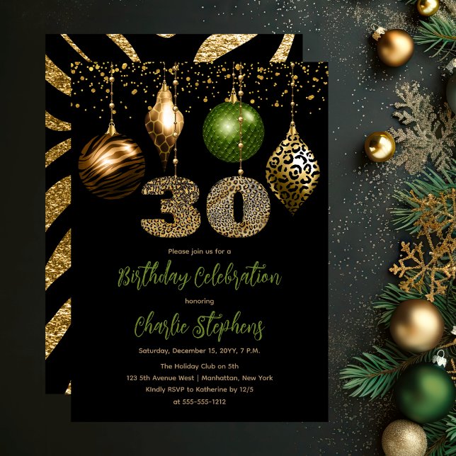 Tropical Animal Skin Baubles 30th Birthday Party Invitation (Glamorous Tropical Animal Print Baubles 30th Birthday Party Invitation in Black, Gold & Olive Green)